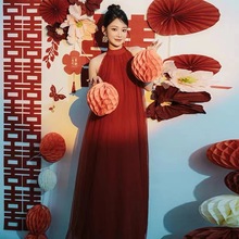 晨袍女新中式挂脖高级感轻纱晚礼服新娘结婚订婚孕妇酒红色敬酒服