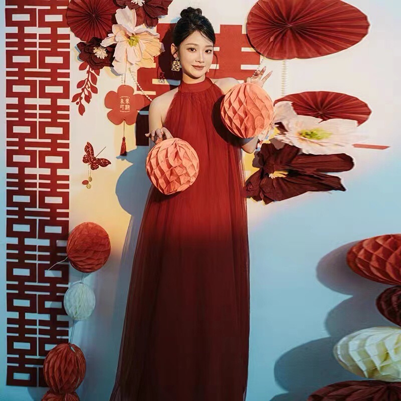 Morning Robe Women's New Chinese Style Neck Hanging High-grade Light Veil Evening Dress Bride's Wedding Engagement Pregnant Women's Wine Red Toasting Dress