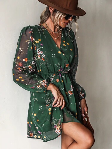 Wish Bestselling Hot Selling Dress V-Neck Elegant Chiffon Print Floral Spring Sheer V-Neck Dress