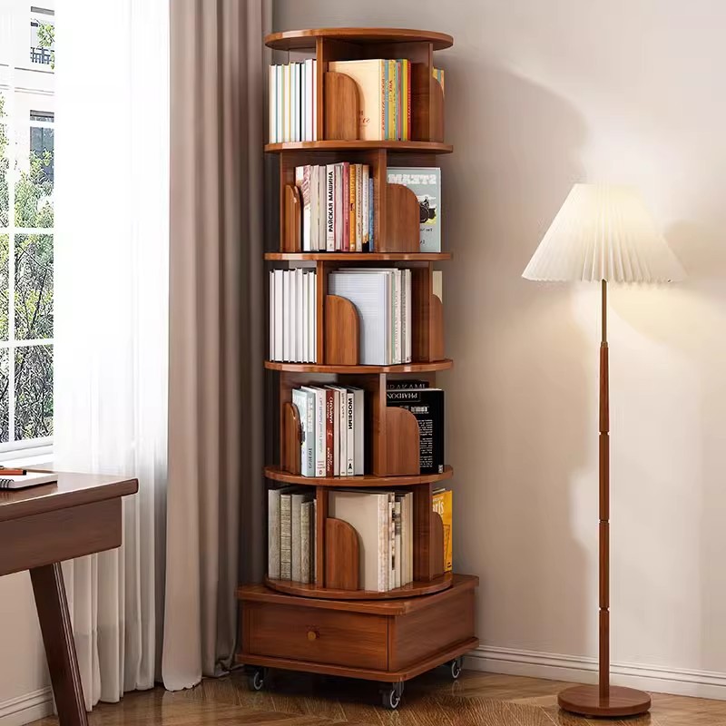 Estante de libros giratorio 360 grados estante de artículos de sala de estar doméstico con ruedas móviles estante de libros de dibujo de estudiantes gabinete contra la pared