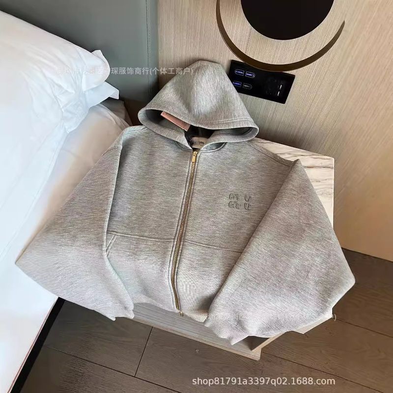 Spot High Quality 24 Autumn and Winter New Miaojia Gray Patch Letters Space Cotton Hooded Sweatshirt Jacket Sweatshirt