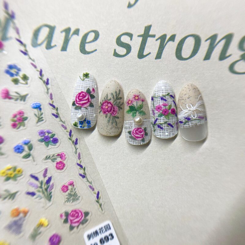 Tomoni Thin and Tough 693 Adhesive Cute Nail Art Stickers Japanese Style Stickers 5D Nail Stickers Colorfulful Embroider Flower Short Style