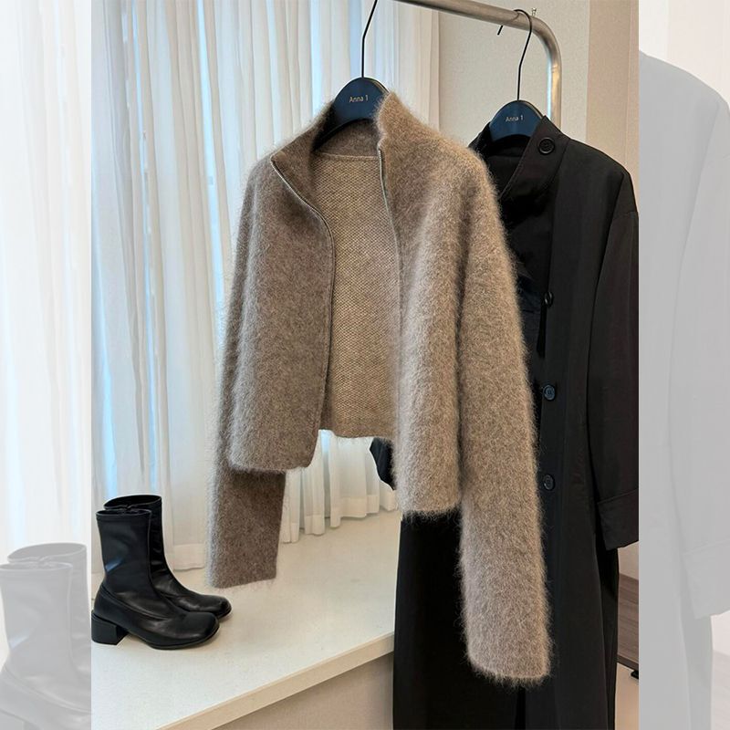 Trendy New Chic Coffee-Colored Mink Velvet Sweater Jacket for Women, Summer Petite Super Cute Loose Short Top