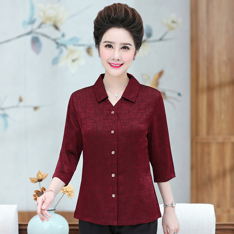 Middle-aged and Elderly Women's Summer Silk Shirt Mother's Short-sleeved Top plus size Mulberry Silk Solid Color Half-sleeved Thin Shirt