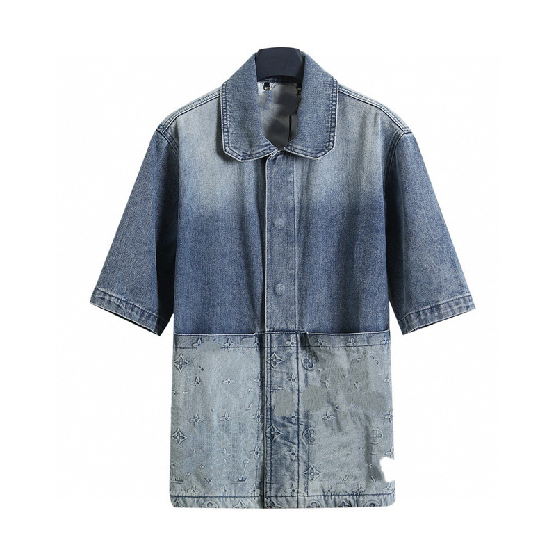 High-End Custom Unisex Versatile Everyday High-Weight 3D Embossed Blue Denim Short-Sleeve Shirt, Loose Fit High-End Custom Unisex Versatile Everyday High-Weight 3D Embossed Blue Denim Short-Sleeve Shirt, Loose Fit