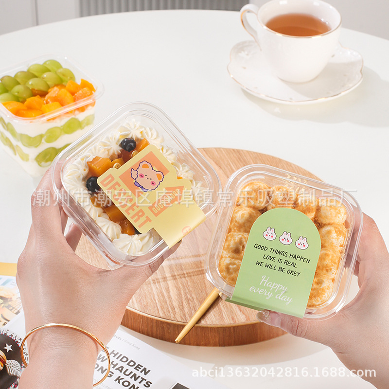 Caja de embalaje de pastel de leche de soja cuadrada mousse, taza de paja de madera tiramisu transparente desechable y gruesa para hornear caja de punto oeste
