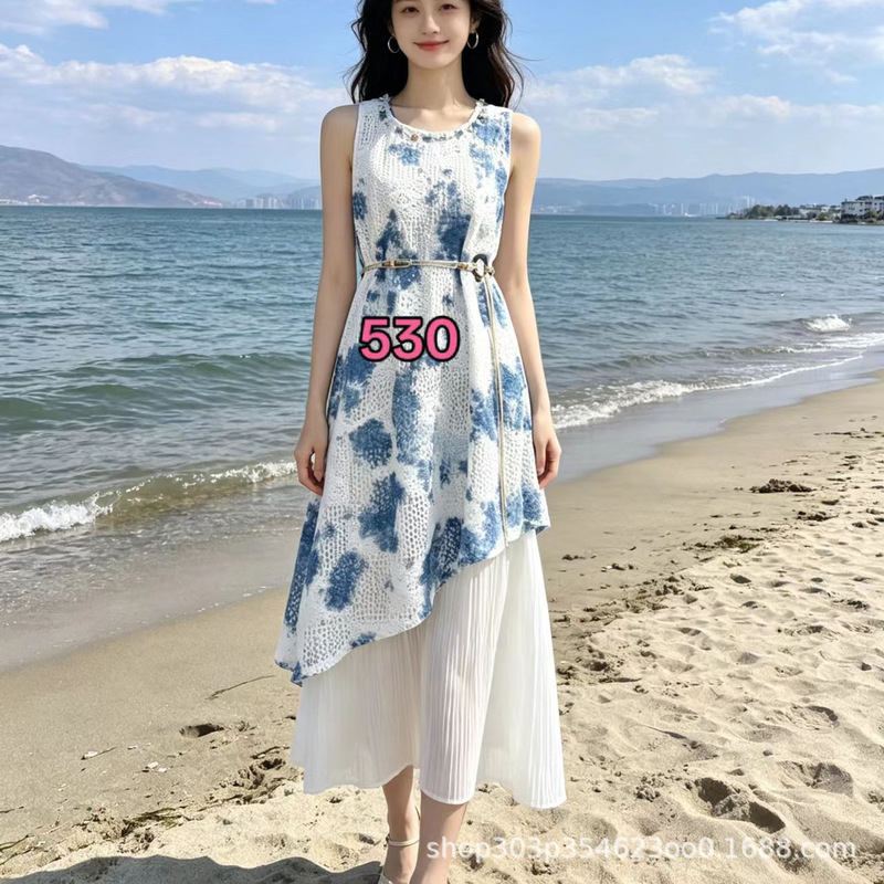 2025 Tie-Dye Shell Vest Dress Fake Two-Piece Spliced Dress Hollow Mesh Long Skirt Travel Waist Lijiang 2025 Tie-Dye Shell Vest Dress Fake Two-Piece Spliced Dress Hollow Mesh Long Skirt Travel Waist Lijiang