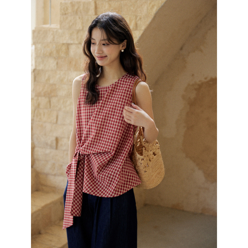 Mixabo Retro Red Plaid Sleeveless Shirt for Women, Summer Design with Tie-Up Twist Waist Vest Top