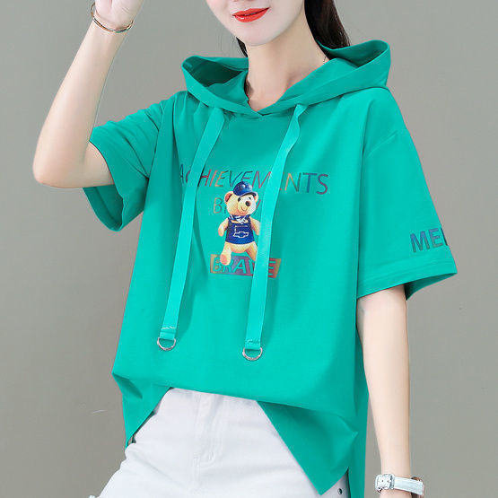 Cotton Hooded Short-Sleeved T-Shirt for Women 2026 Summer Thin Fashion Cartoon Sweatshirt Loose Hooded T-Shirt Half-Sleeved Top