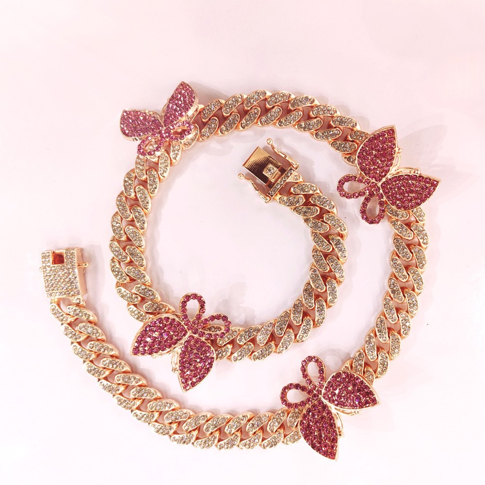 Instagram style personalized full Cuban necklace water diamond butterfly collarbone neck chain hip-hop jewelry_voghion.com