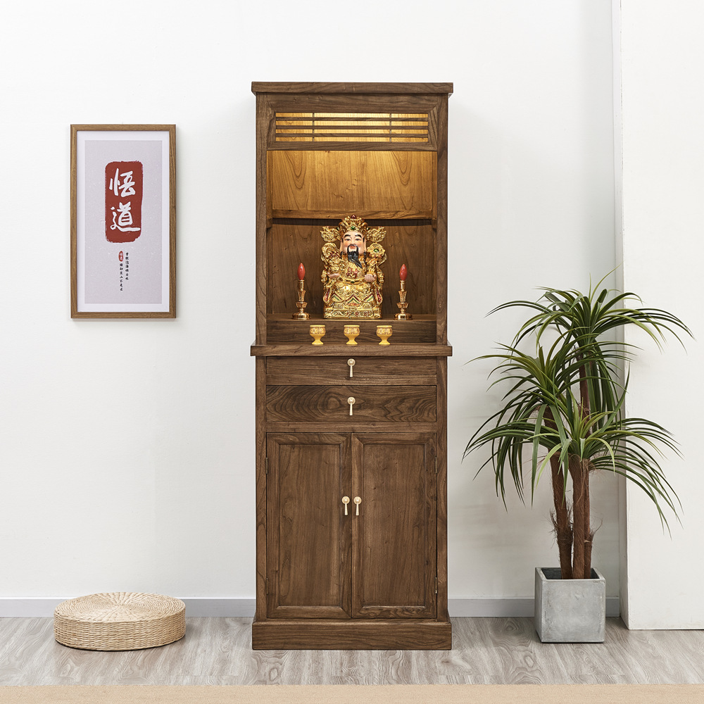 New Chinoiserie Elm Wood Altar Cabinet with Door God of Wealth Guan Gong Guanyin Offering Table Walnut Solid Wood Buddha Cabinet Niche