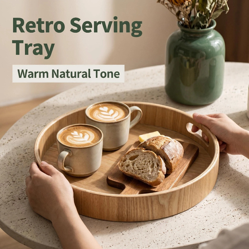Natural Color Ash Wood Round Tray with Handles, Double-Ear Hollow-Out Design, Household Coffee Tray, Homestay Display Tray, Storage Tray