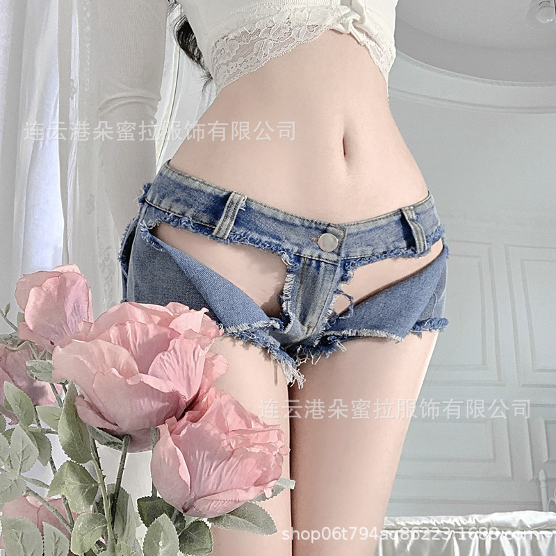 Sexy Denim Shorts with Open Crotch, Low-Rise Design, Revealing Boyfriend-Style Look, Available for Wholesale, Motorcycle Style
