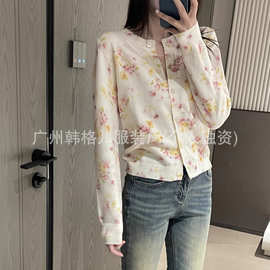 南油高货P家 明星同款 重工小碎花印花圆领长袖针织开衫外套女