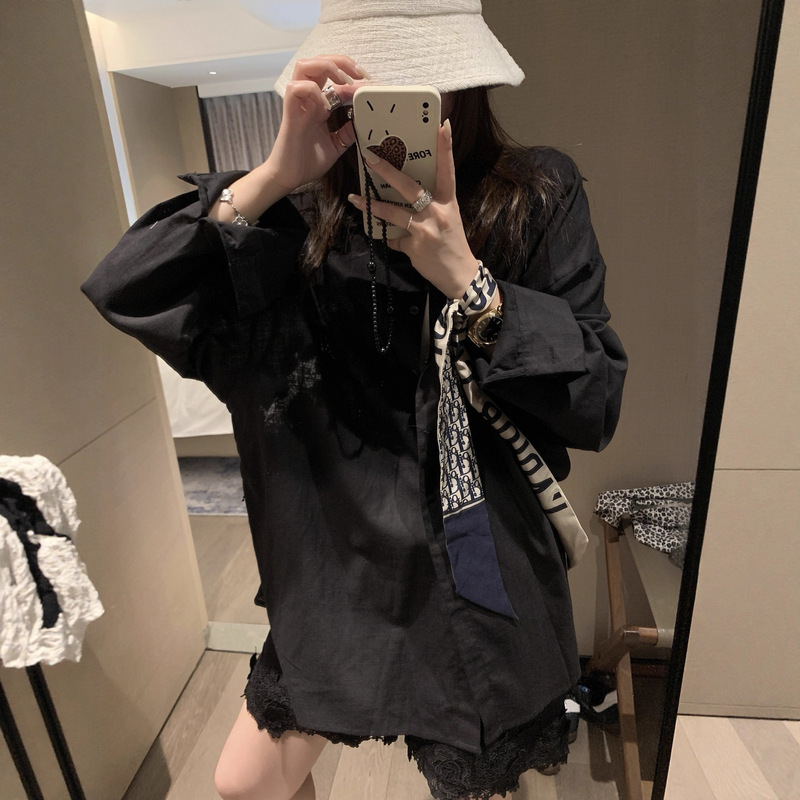 Old Money Style Back Lace Cut Out Embroider Crochet Shirt Women's Early Autumn French Style Black Long-Sleeved Shirt