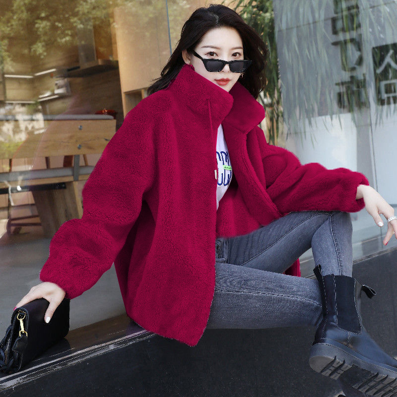Coat for women trendy ins winter fleece-lined thickened double-sided velvet stand collar warm sweater for women cardigan zipper fleece jacket for women