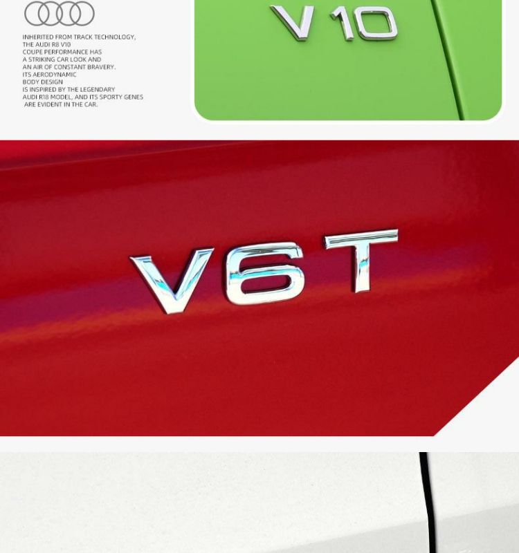 Suitable for Audi side emblem stickers, V6T, V8T, fender emblems, W12, A4L, A5, A6L, A7, Q7 car emblems, Q5, A8L, engine displacement stickers