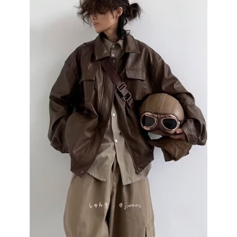 Spring and Autumn Japanese Retro Cool PU Motorcycle Leather Jacket for Men and Women, Student Style, Merard Unisex Brown Leather Jacket, Trendy