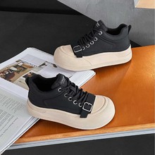 欧货真皮大头系带休闲鞋金属扣丑萌面包鞋厚底松糕高帮鞋加绒女鞋