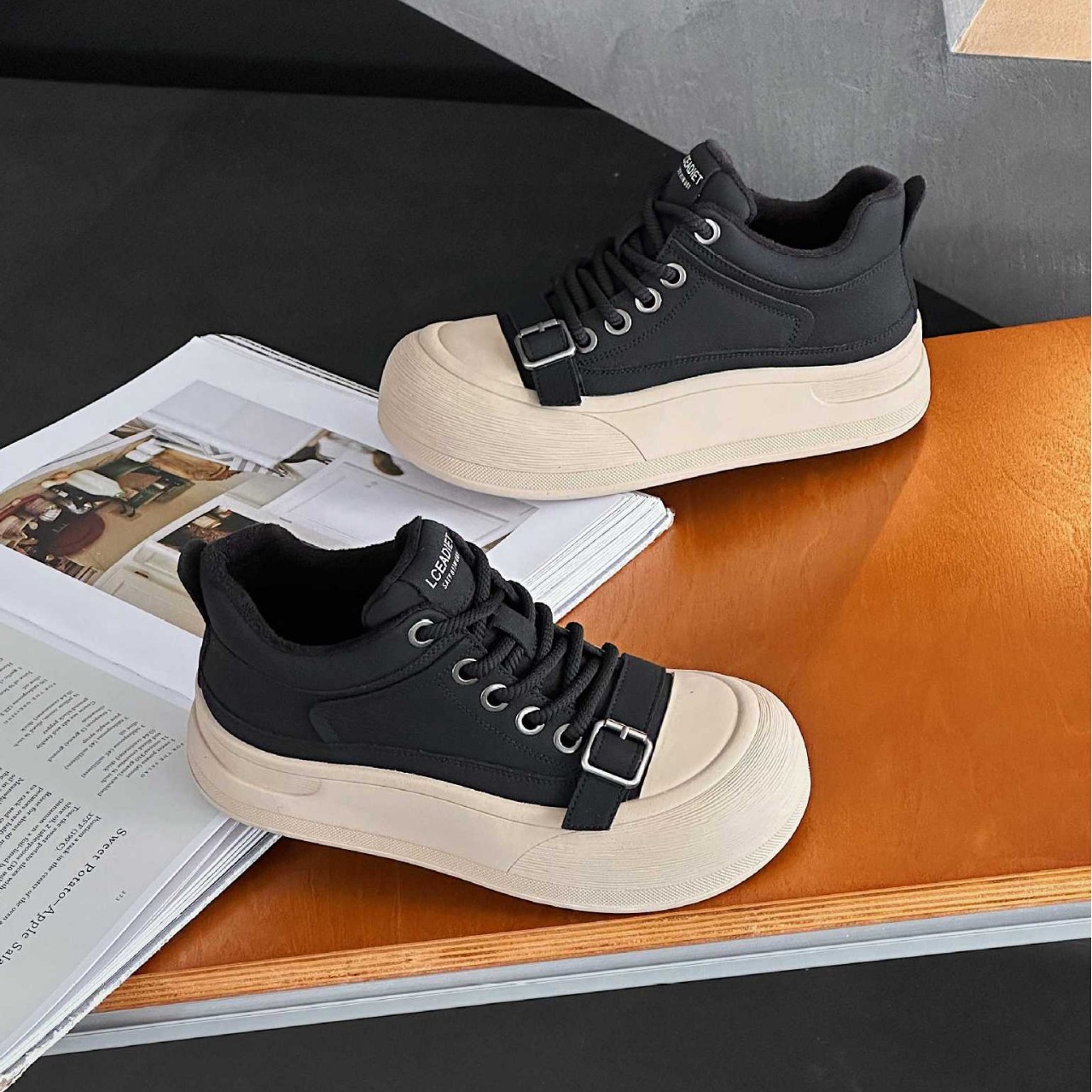 欧货真皮大头系带休闲鞋金属扣丑萌面包鞋厚底松糕高帮鞋加绒女鞋