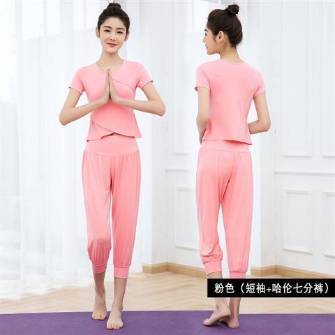 가슴 패드가 있는 불규칙한 밑단 반팔 핑크색 반팔 + 핑크색 7부 하렘팬츠
