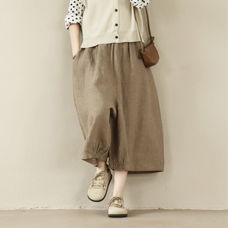 Spring New Vintage Loose Pure Linen Cropped Linen Loose Fit Slimming Elastic Waist Skirt Pants for Women