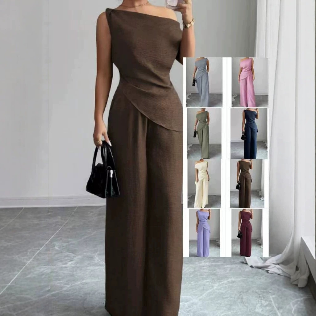 2026 European and American cross-border Amazon new style one-shoulder sleeveless solid color wide-leg pants set, fashionable and elegant two-piece outfit