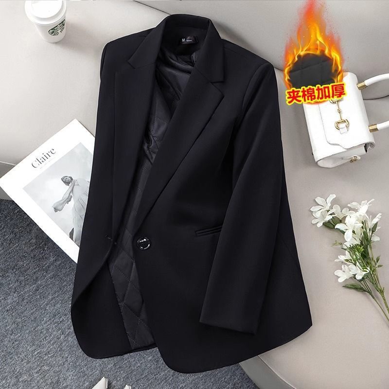Black Quilted Blazer for Women, High-End Autumn and Winter Thickeneded Large Size Casual Elegant Korean Style Small Suit