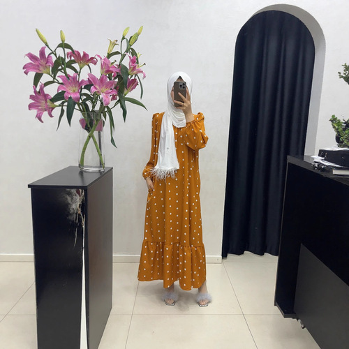 Cross-border Muslim-style crew neck belt bubble sleeve with pocket polka dot dress