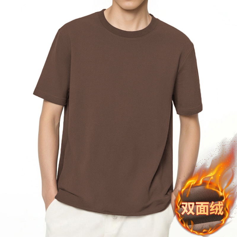 280g Heavy Velvet T-shirt Men's Short Sleeve Warm fleece-lined Backing Shirt Double-sided Velvet Crewneck Solid Color Upper Clothes Half Sleeve 280g Heavy Velvet T-shirt Men's Short Sleeve Warm fleece-lined Backing Shirt Double-sided Velvet Crewneck Solid Color Upper Clothes Half Sleeve