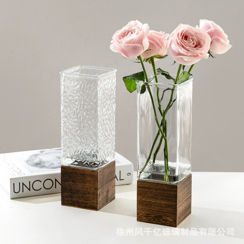 批发 简约创意方形木托玻璃花瓶插花轻奢摆件餐桌客厅卧室高级感