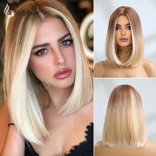 Gradient Blonde Wig Women's Shoulder Length Straight Hair Wigs Mid-Mechanism High Temperature Silk Chemical Fiber Full Head Cover hair