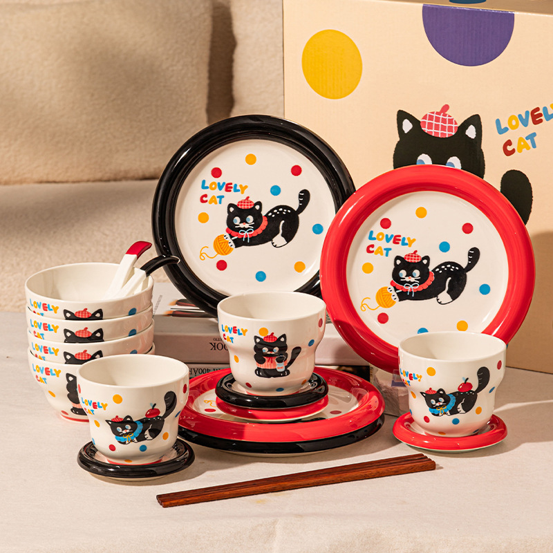 Cute Cat Dishes suit Combination Ceramic Bowl Plate Cute Fun High Color Value Cats Ceramic Tableware Gift Box