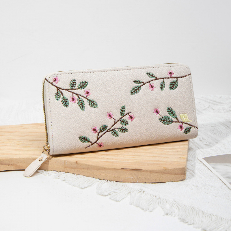 2025 nueva cartera de mujer larga cremallera bolso de mano de moda bordado bolso de cambio de cuero suave de gran capacidad