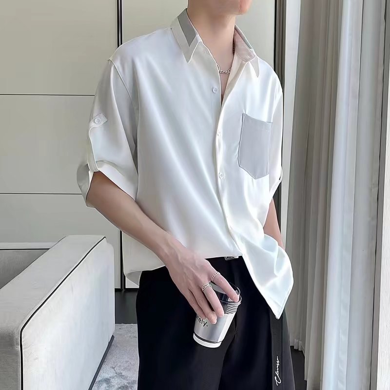 Camisa de manga corta de verano Camisa suelta casual de negocios para hombres Bolsillo de todo fósforo para estudiantes Tendencia blanca