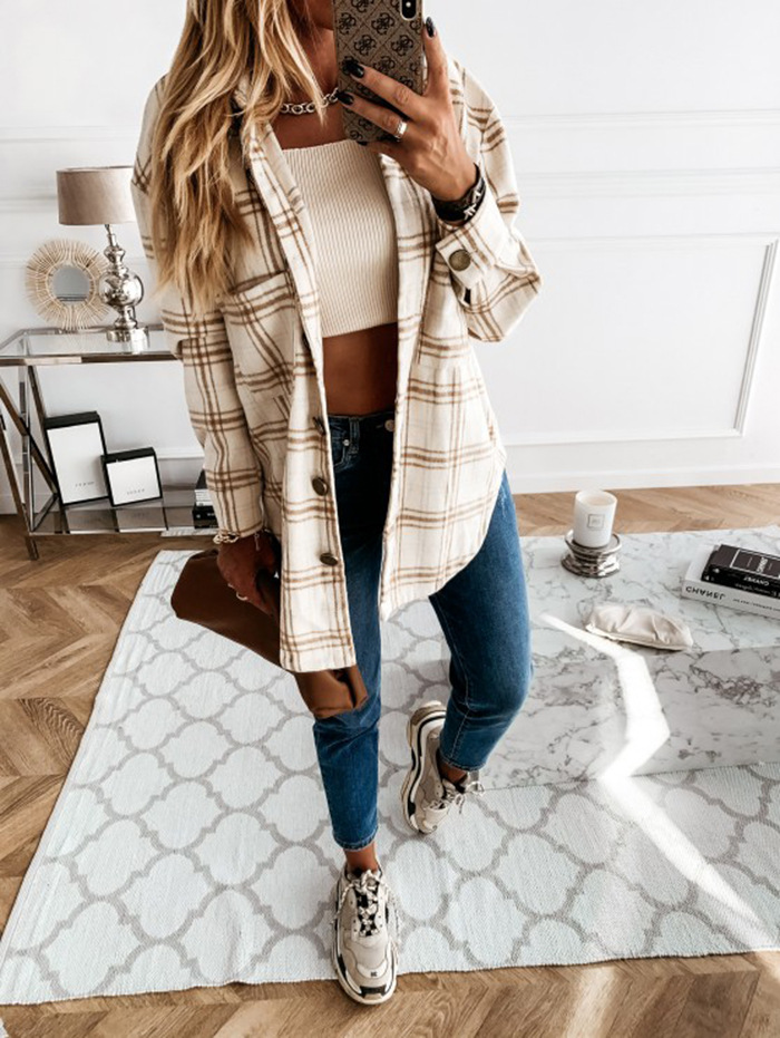 Loose Casual Retro Plaid Long Sleeve Shirt Coat in Coats & Jackets