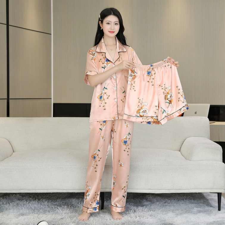 2025 nuevo estilo pijama mujer verano hielo seda fina solapa pantalones de manga corta traje de tres piezas se puede usar en el exterior
