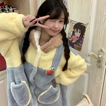 黄蓝背带熊睡衣女秋冬季加厚保暖珊瑚绒连帽睡袍可外穿家居服