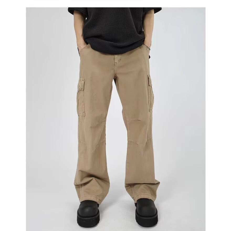 Men's Vintage Washed Denim Jeans with Multiple Pockets, Japanese Style Casual Loose Long Pants, Trendy National Style