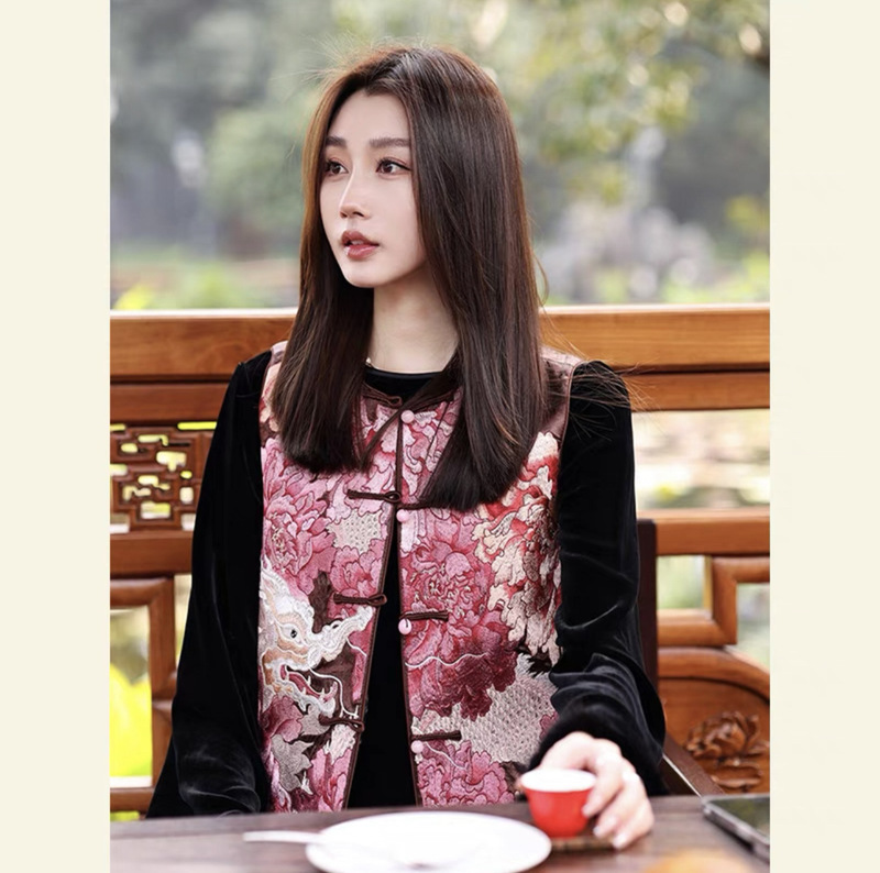 New Chinese Style National Style Printed Vest Jacket Women's 2024 Spring New High-end Age-reducing Western Style Tang Suit Vest