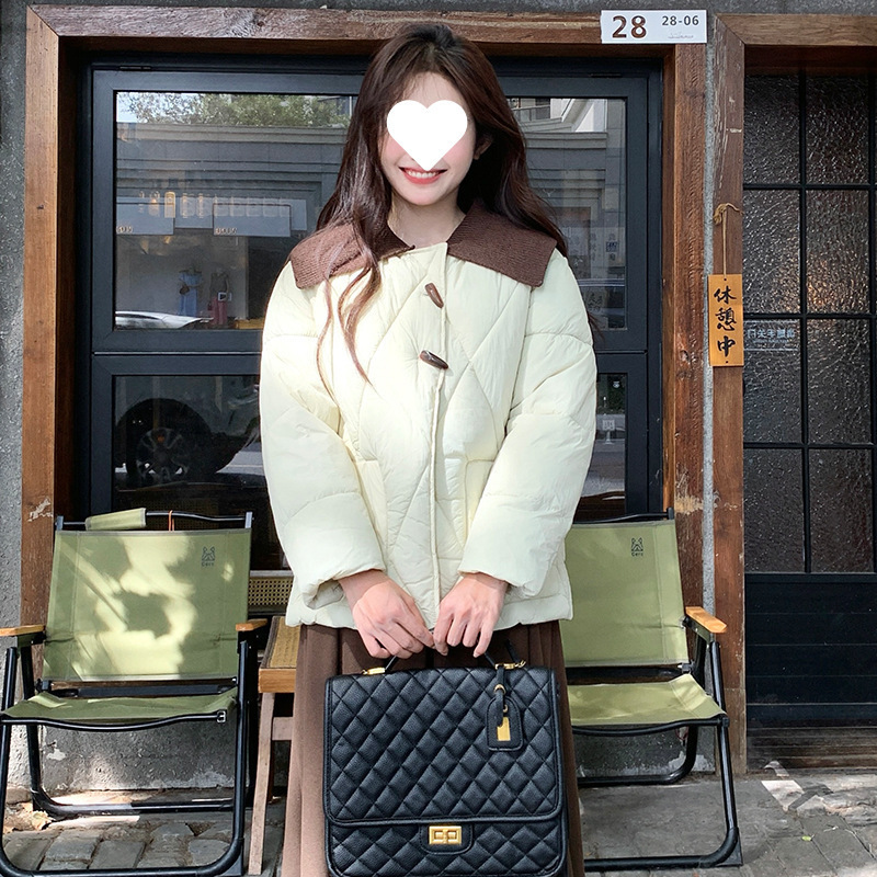 Sweet Navy Collar down Cotton Jacket for Women 2025 Autumn and Winter New Style Horn Button Warm Quilted Small Jacket Trendy