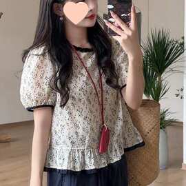 韩系撞色娃娃衫复古小碎花短袖衬衣女夏新款泡泡袖百搭显瘦上衣