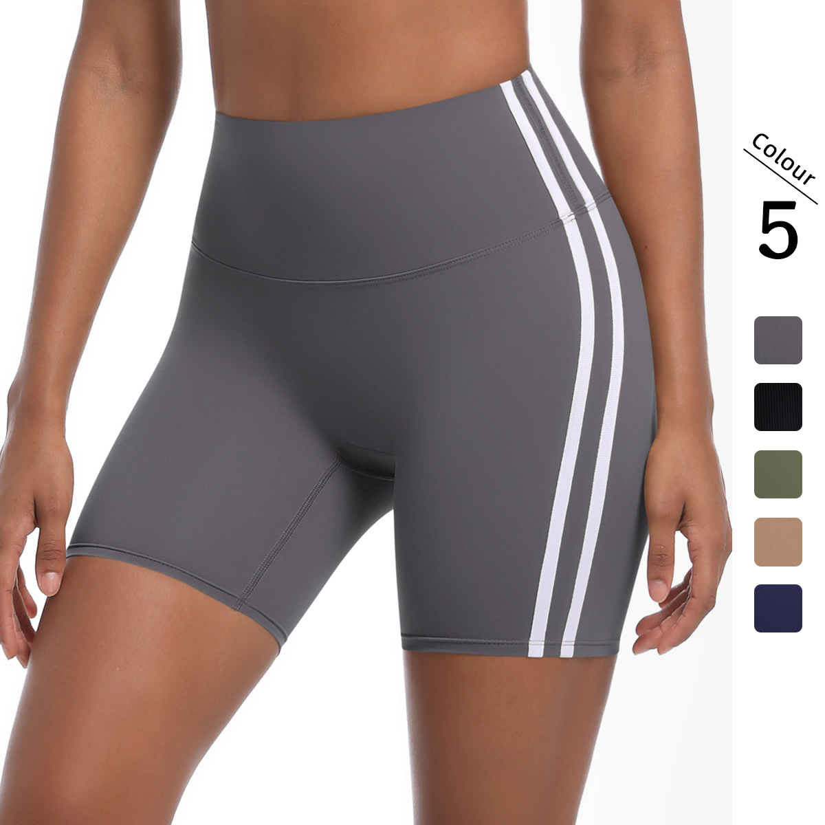 Nuevo cross-border rayas fitness ajustado de cintura alta mel桃 pantalonos de tres puntos de contraste de color transpirable deportivo correr pantalones cortos de yoga mujeres image 1