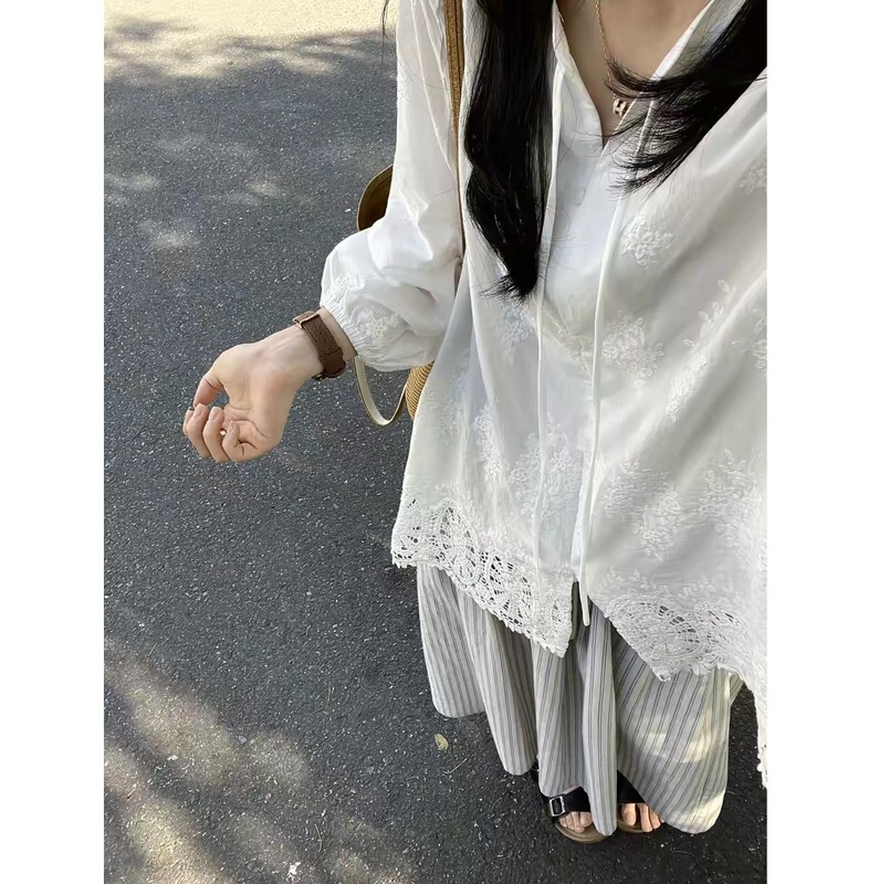 Chao Heavy Industry Embroidered Sun Protection Shirt for Women + Beige-Blue Vertical Striped Skirt 2-Piece Set Summer Outfit Set