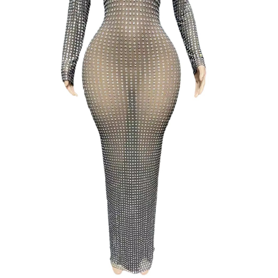 Vêtements pour femmes Novans Spring New Sparkling White Diamond Élégante fente dans le dos Longue longueur au sol Robe de soirée noire slim_voghion.com