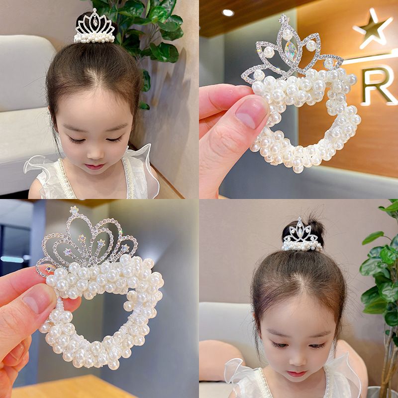 Tocado de la corona de la princesa de los niños cabeza de la bola de perlas banda de pelo cuerda de pelo niña lazo de goma banda tocado flor accesorios para el cabello