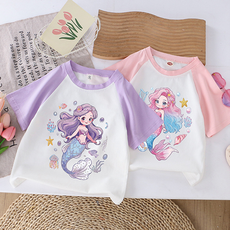 Girls' Summer Raglan Short-Sleeved T-Shirt with Cute Mermaid Cartoon Print Cotton Kidsren's Tops and T-Shirts Cross-Border Shipping Girls' Summer Raglan Short-Sleeved T-Shirt with Cute Mermaid Cartoon Print Cotton Kidsren's Tops and T-Shirts Cross-Border Shipping