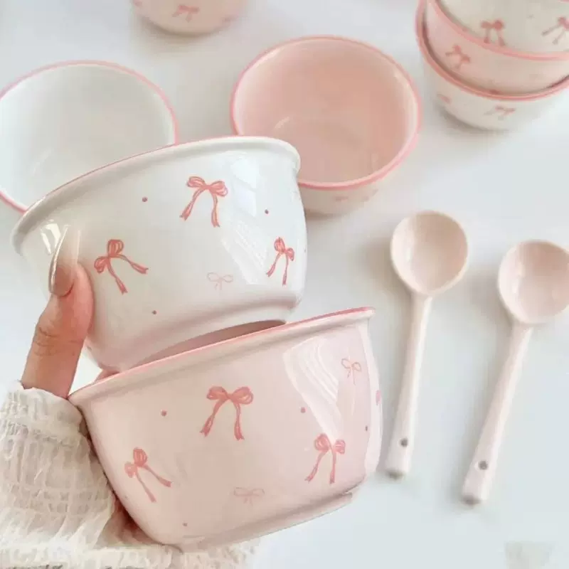 蝴蝶结少女心陶瓷碗勺釉下彩高颜值餐具饭碗甜品碗亚马逊一件包邮