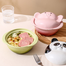 ins奶油风卡通造型泡面碗家用陶瓷碗带盖双耳汤碗大容量碗猪油碗