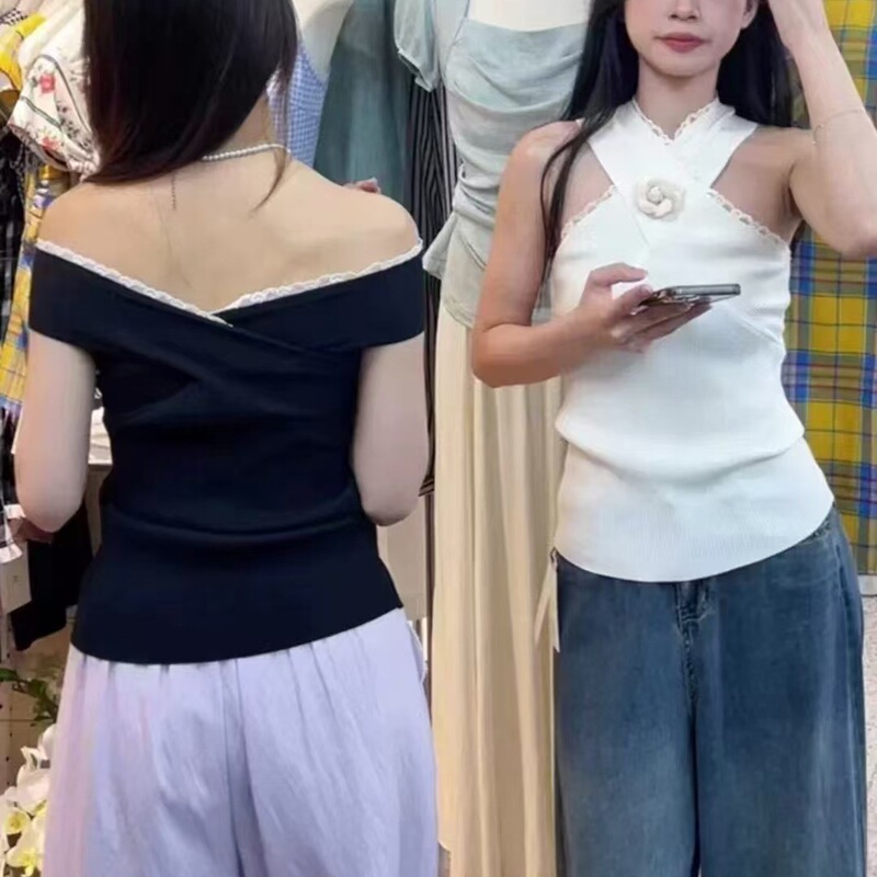 Women's Summer Design Niche Spice Girl Sleeveless Top with Cross-Hanging Neck with Flower Lace Sleeveless Knitted Vest